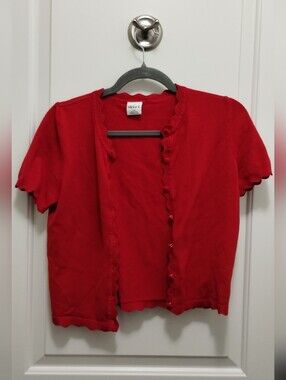 Red Short Sleeve Ruffle-Edge Cardigan by NICK & ZOE